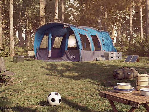 Przestronny niebieski namiot rodzinny rozbity na zewnątrz z wieloma przegrodami, stworzony do wygodnego campingu grupowego.