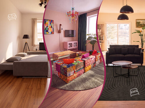 Kolaż z trzema stylami sof: nowoczesny salon z ciemnymi sofami, kolorowa patchworkowa sofa modułowa wok&oacute;ł stolika kawowego oraz szara sofa rozkładana po pełnym rozłożeniu. Kliknij, aby zobaczyć kolekcję sof.