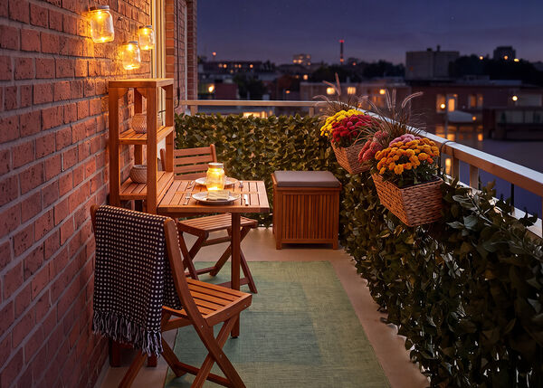 Mały balkon z drewnianymi krzesłami i stołem, oświetlony lampionami i świecami, udekorowany kwiatami w doniczkach i zielenią, z widokiem na panoramę miasta nocą.
