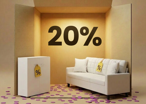 Zestaw mebli do salonu z białą sofą i białą szafką do przechowywania w aranżacji typu box, z 20% rabatem na meble do salonu.