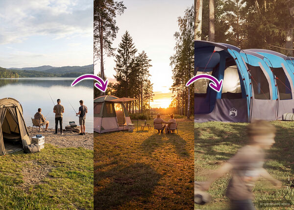 Baner z podzielonym ekranem pokazujący rozw&oacute;j doświadczeń campingowych. Po lewej trzy osoby łowią ryby i odpoczywają przy małym namiocie nad jeziorem o zachodzie słońca. Pośrodku dwie osoby siedzą przy stole, a za nimi stoi większy niebiesko-szary namiot, r&oacute;wnież o zachodzie słońca. Po prawej stronie widać rozmyty widok większej konstrukcji przypominającej namiot. Strzałki wskazują przejście między scenami, sugerując ulepszenie wypoczynku na świeżym powietrzu.