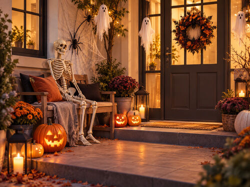 Ganek ozdobiony na Halloween świecącymi dyniami, szkieletem na ławce, wiszącymi duchami, pajęczynami i ciepłymi świątecznymi światełkami.