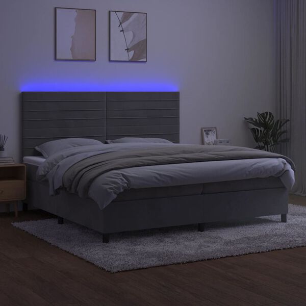 vidaXL Ł&oacute;żko kontynentalne z materacem i LED, szare 200x200cm, aksamit