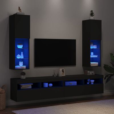 vidaXL Szafki TV, z LED, 2 szt., czarne, 30,5x30x102 cm