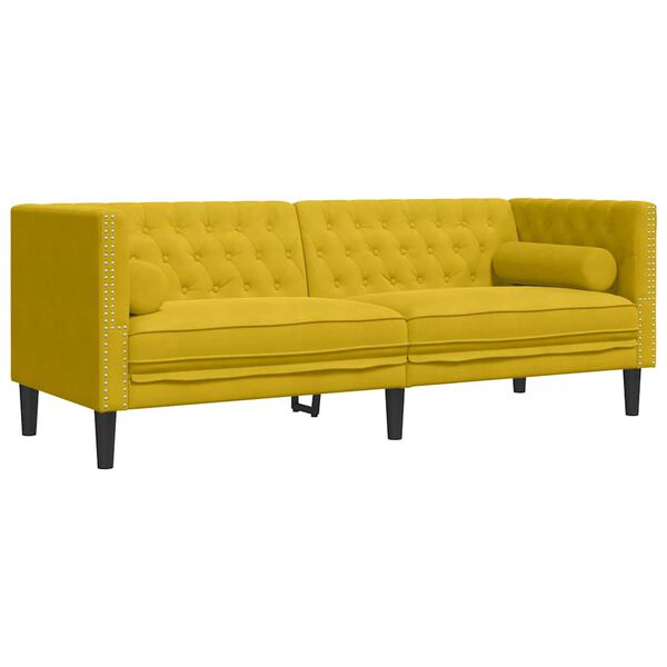 vidaXL Sofa Chesterfield z wałkami, trzyosobowa, ż&oacute;łta, aksamit