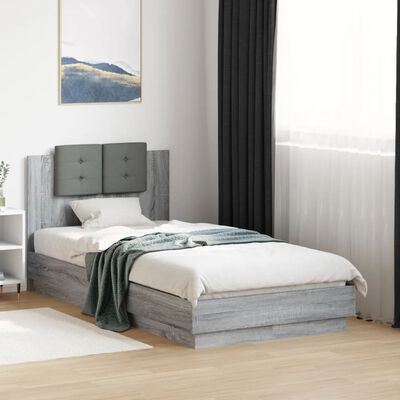 vidaXL Rama łóżka z wezgłowiem i LED, szary dąb sonoma, 90x190 cm