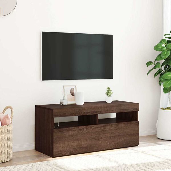 vidaXL Szafka pod TV z oświetleniem LED, brązowy dąb, 90x35x40 cm