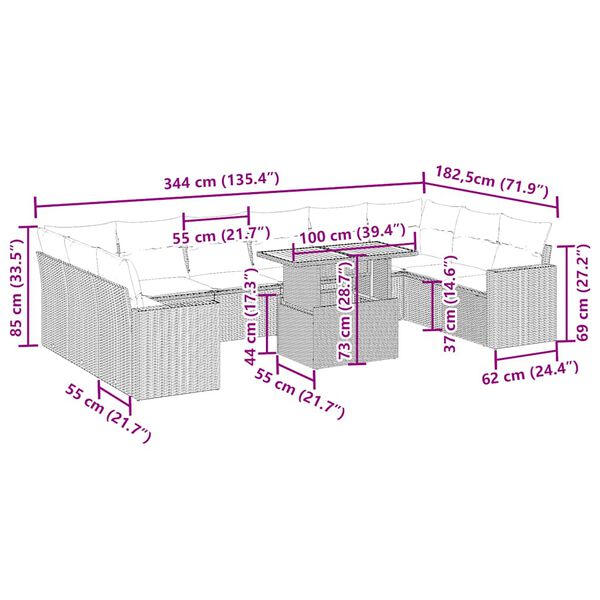 vidaXL 11-cz. zestaw mebli ogrodowych z poduszkami, beżowy, polirattan