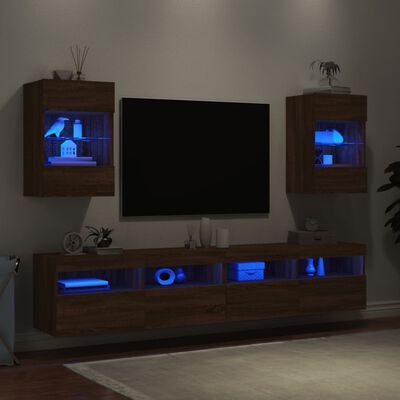 vidaXL Ścienne szafki TV z LED, 2 szt., brązowy dąb, 40x30x60,5 cm