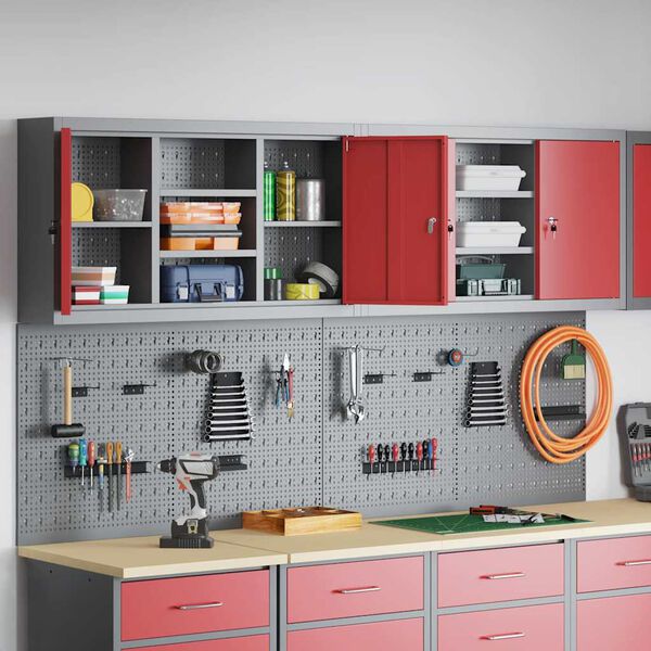 vidaXL Zestaw Szafki Narzędziowej i Pegboard z p&oacute;łką 4 pcs Czerwony