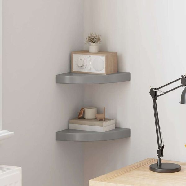 vidaXL Narożne p&oacute;łki ścienne, 2 szt., połysk, szare, 25x25x3,8 cm, MDF