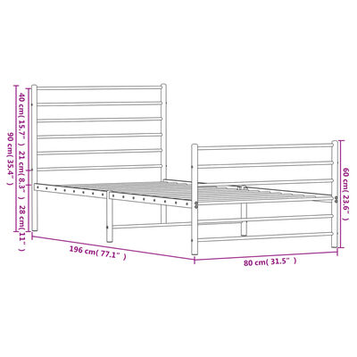 vidaXL Metalowa rama łóżka z wezgłowiem i zanóżkiem, biała, 75x190 cm