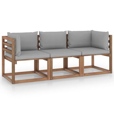 vidaXL Ogrodowa sofa 3-os. z palet, z szarymi poduszkami, sosna