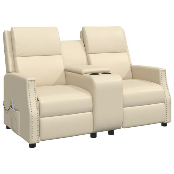 vidaXL Rozkładany fotel masujący, 2-os., kremowy, obity sztuczną skórą