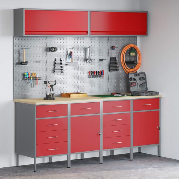 vidaXL Zestaw szafek roboczych z szufladą Z blokadą 10 pcs Czerwony