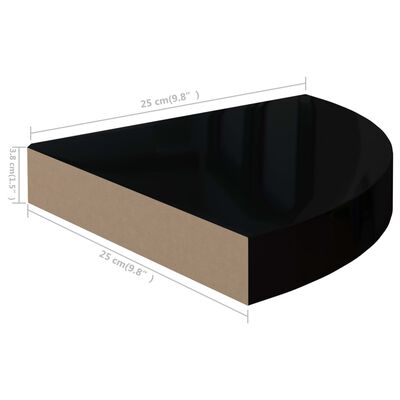 vidaXL Narożne półki ścienne, 4 szt., połysk, czarne, 25x25x3,8cm, MDF