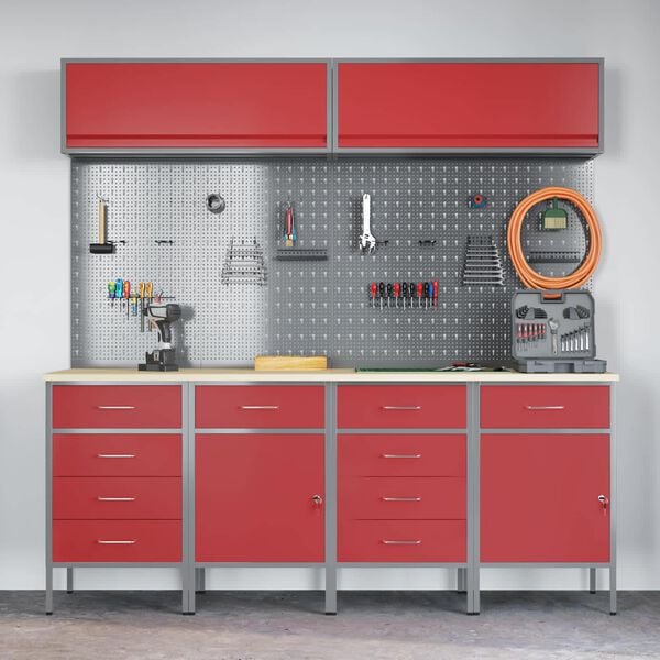 vidaXL Zestaw szafek roboczych z szufladą Z blokadą 10 pcs Czerwony