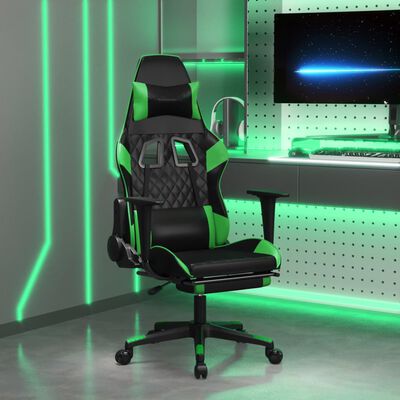 vidaXL Masujący fotel gamingowy z podnóżkiem, czarno-zielony, ekoskóra