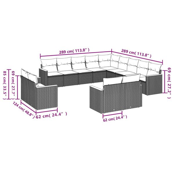vidaXL 13-cz. zestaw mebli do ogrodu, poduszki, czarny, rattan PE