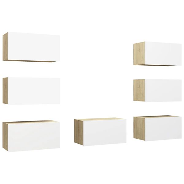 vidaXL Szafki telewizyjne, 7 szt., biel i dąb sonoma, 30,5x30x60 cm