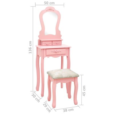vidaXL Toaletka ze stołkiem, różowa, 50x59x136 cm, drewno paulowni