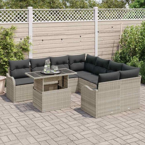 vidaXL Zestaw Sof na Ogr&oacute;d z poduszką 9 pcs Jasnoszary Rattan poli
