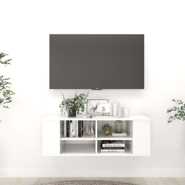 vidaXL Wisząca szafka pod TV, biała, wysoki połysk, 102x35x35 cm