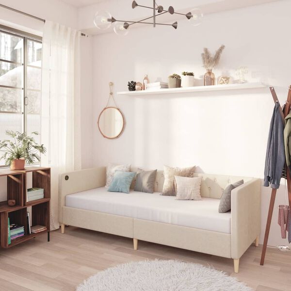 vidaXL Rama ł&oacute;żka z USB, kremowa, tapicerowana tkaniną, 90x200 cm