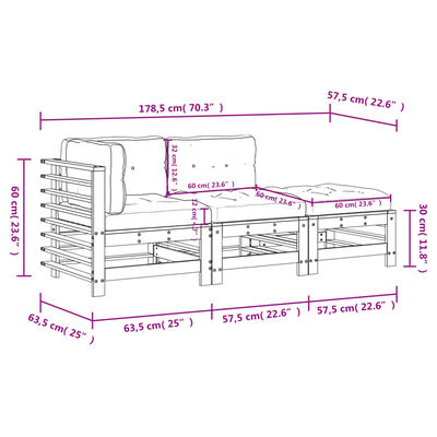 vidaXL 3-cz. zestaw wypoczynkowy do ogrodu, poduszki, biały, drewno