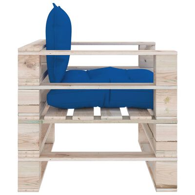 vidaXL Sofa środkowa z palet, z niebieskimi poduszkami, drewno sosnowe