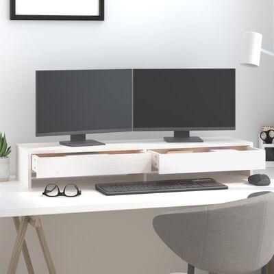 vidaXL Podstawka na monitor, biała, 100x27x15 cm, lite drewno sosnowe