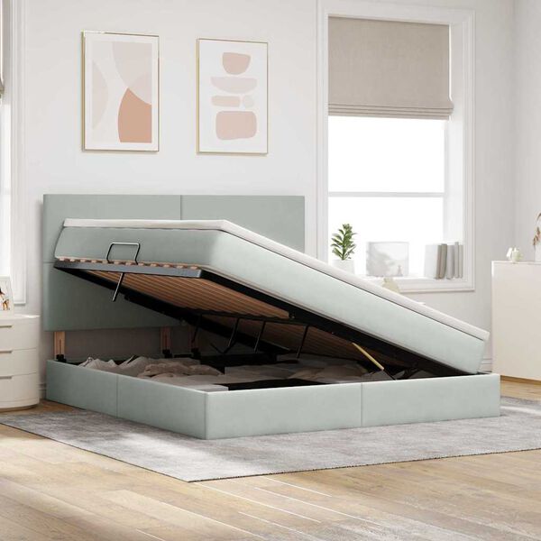 vidaXL Ł&oacute;żko z miejscem na przechowywanie i LED Jasnoszary Aksamit