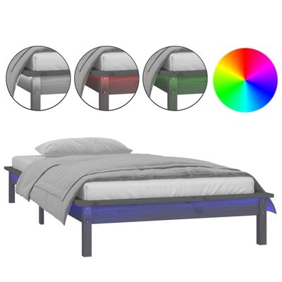 vidaXL Rama łóżka z LED, szara, 90x190 cm, pojedyncza, lite drewno