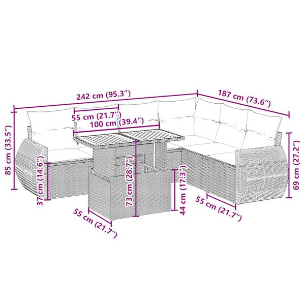 vidaXL 7-cz. zestaw wypoczynkowy do ogrodu, z poduszkami, beżowy