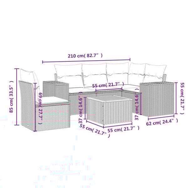 vidaXL 6-cz. zestaw mebli ogrodowych z poduszkami, czarny polirattan