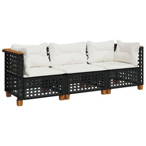 vidaXL Sofa ogrodowa z poduszkami, 3-osobowa, czarna, polirattan