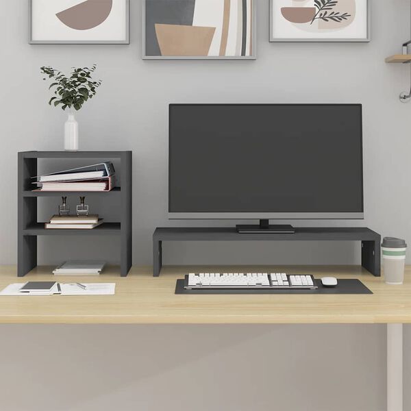 vidaXL Podstawka na monitor, szara, 81x20x30 cm, lite drewno sosnowe