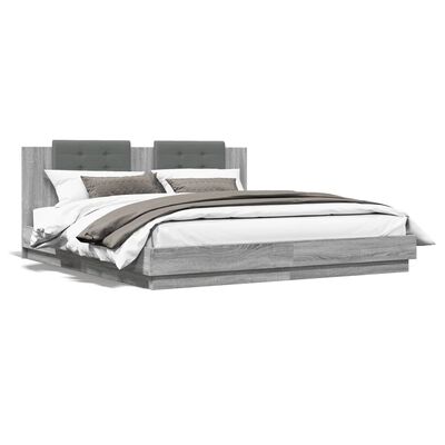 vidaXL Rama łóżka z wezgłowiem i LED, szary dąb sonoma, 180x200 cm