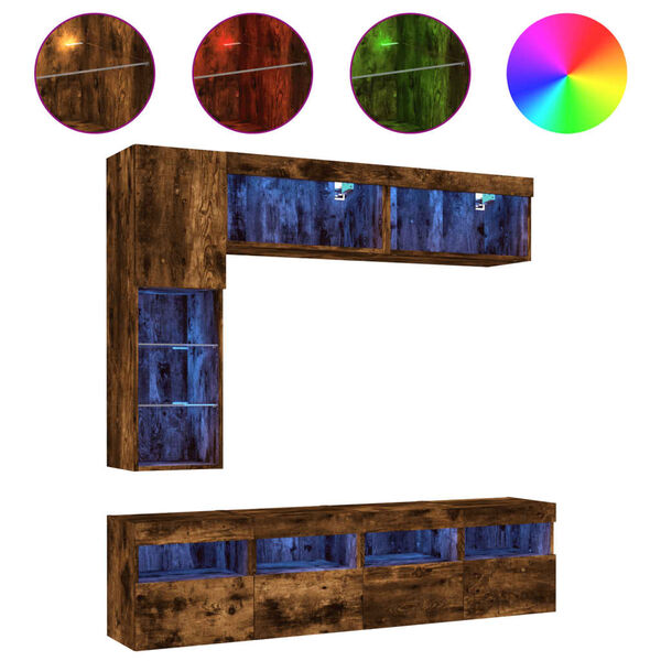 vidaXL 7-cz. zestaw ściennych szafek TV z LED, przydymiony dąb
