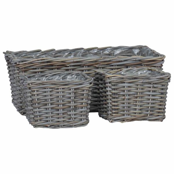 vidaXL Kosz na rośliny z przechowywaniem 3 pcs Szary Rattan Kubu