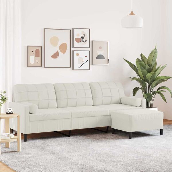 vidaXL 3-osobowa sofa z podnóżkiem, kremowa, 210 cm, aksamit