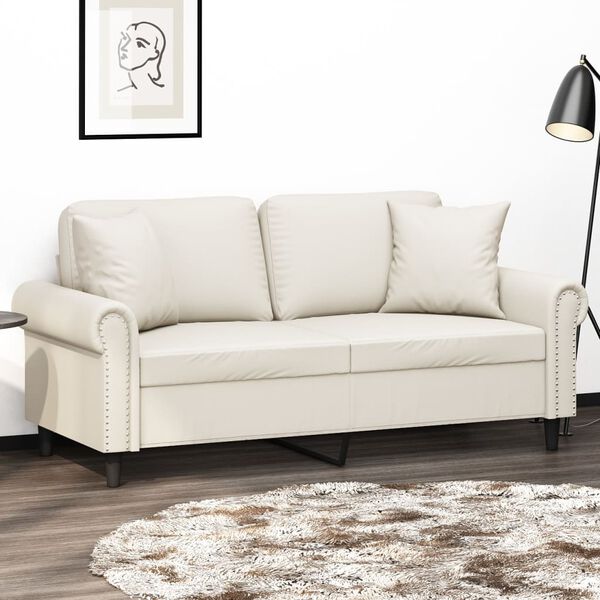 vidaXL 2-osobowa sofa z poduszkami, kremowa, 140 cm, sztuczna sk&oacute;ra