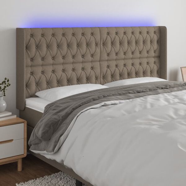 vidaXL Zagł&oacute;wek do ł&oacute;żka z LED, taupe, 203x16x118/128 cm, tkanina