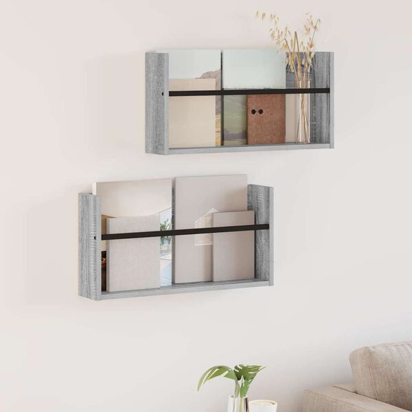 vidaXL Regał na gazety z p&oacute;łką 2 pcs Szary Sonoma 60 x 12 x 30 cm