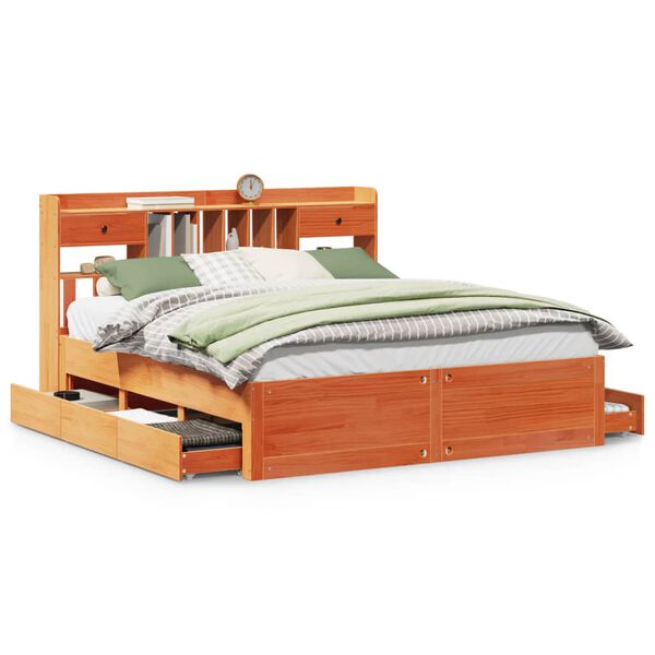 vidaXL Ł&oacute;żko z regałem, bez materaca, woskowy brąz, 200x200cm, sosnowe