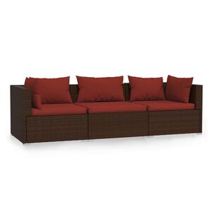 vidaXL 3-osobowa sofa ogrodowa z poduszkami, polirattan, brązowa