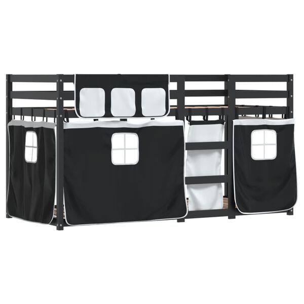 vidaXL Ł&oacute;żko piętrowe z zasłonkami, biało-czarne, 90x200 cm, sosnowe