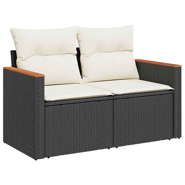 vidaXL Sofa ogrodowa z poduszkami, 2-osobowa, czarna, polirattan