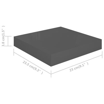 vidaXL Półki ścienne, 4 szt., szare, wysoki połysk, 23x23,5x3,8cm, MDF