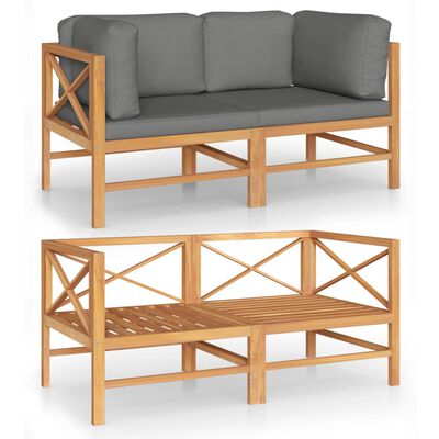 vidaXL 2-os. sofa ogrodowa z szarymi poduszkami, lite drewno tekowe